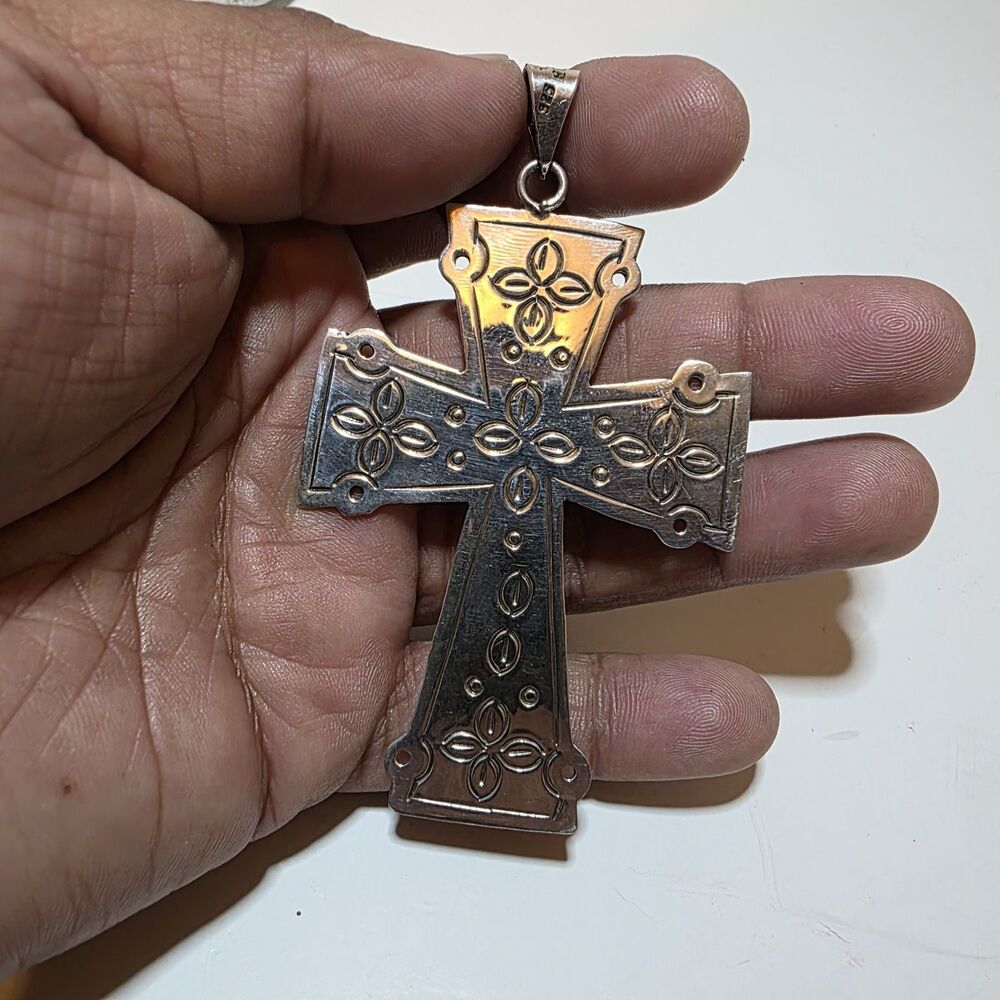 Vintage Taxco Mexico Sterling Silver 925 Large Statement Ornate Cross Pendant